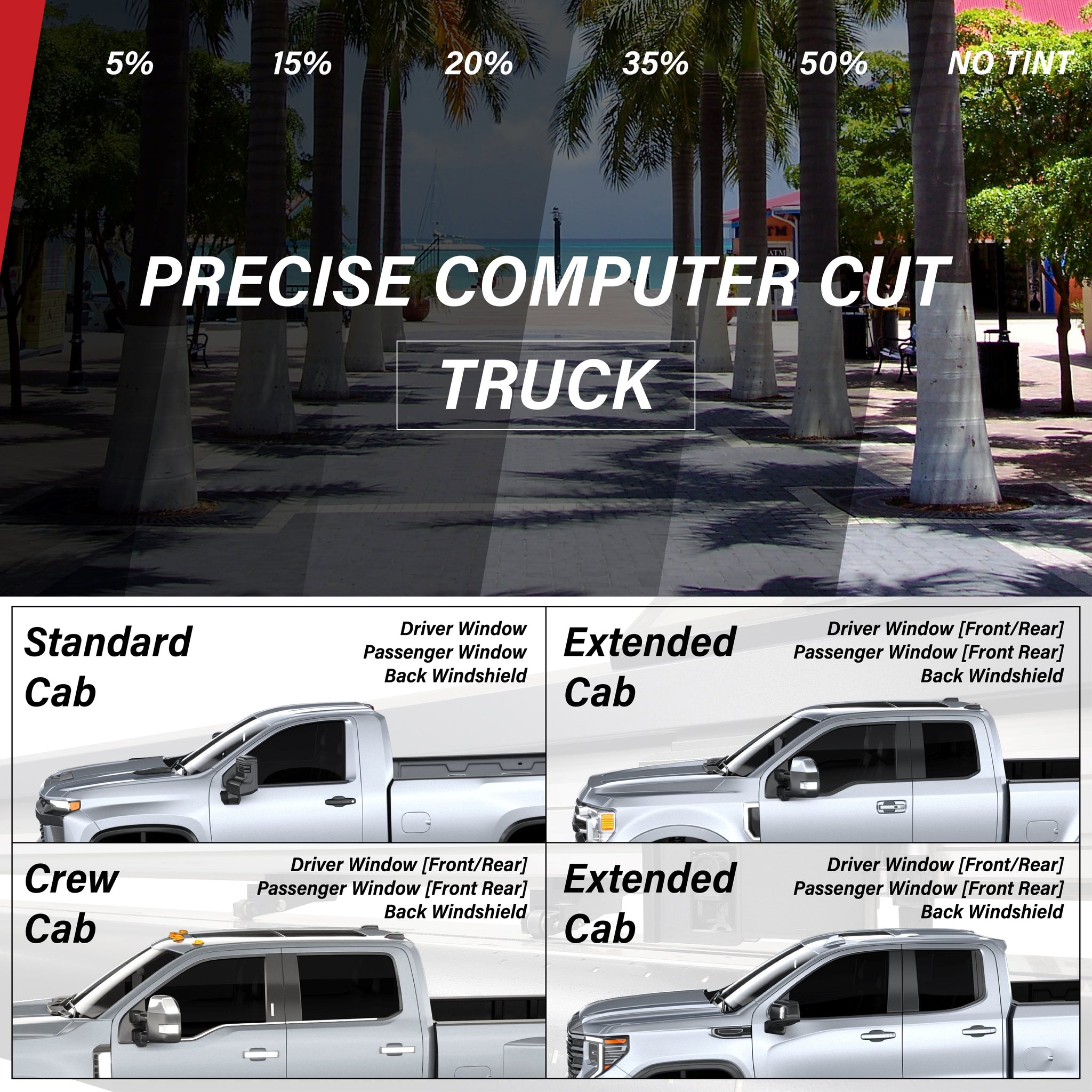 Pick Up Window Layout All Windows Pre-Cut Tint for Pickup Trucks 2000–2026